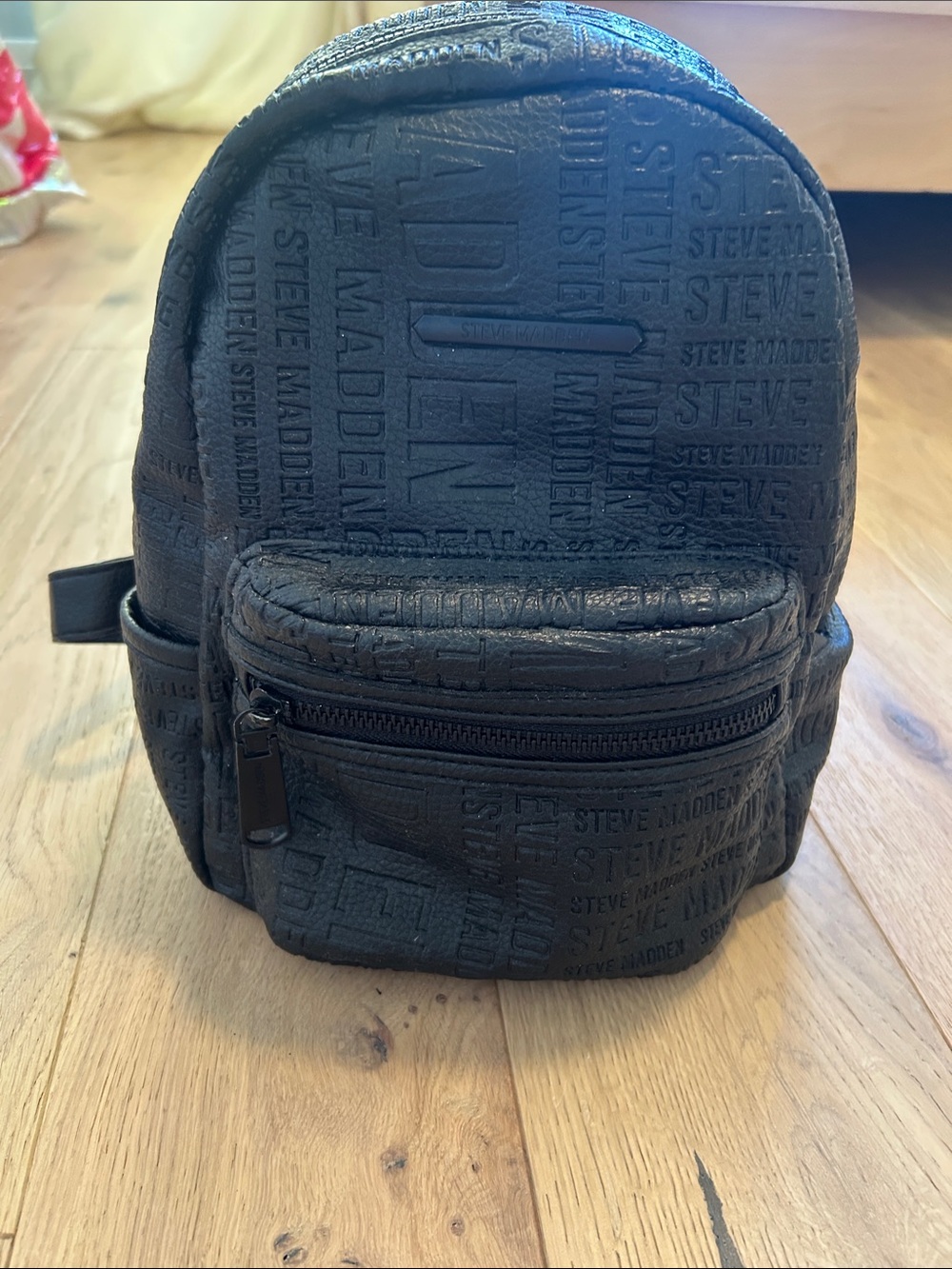 Steve Madden Black Embossed Logo Mini Backpack
